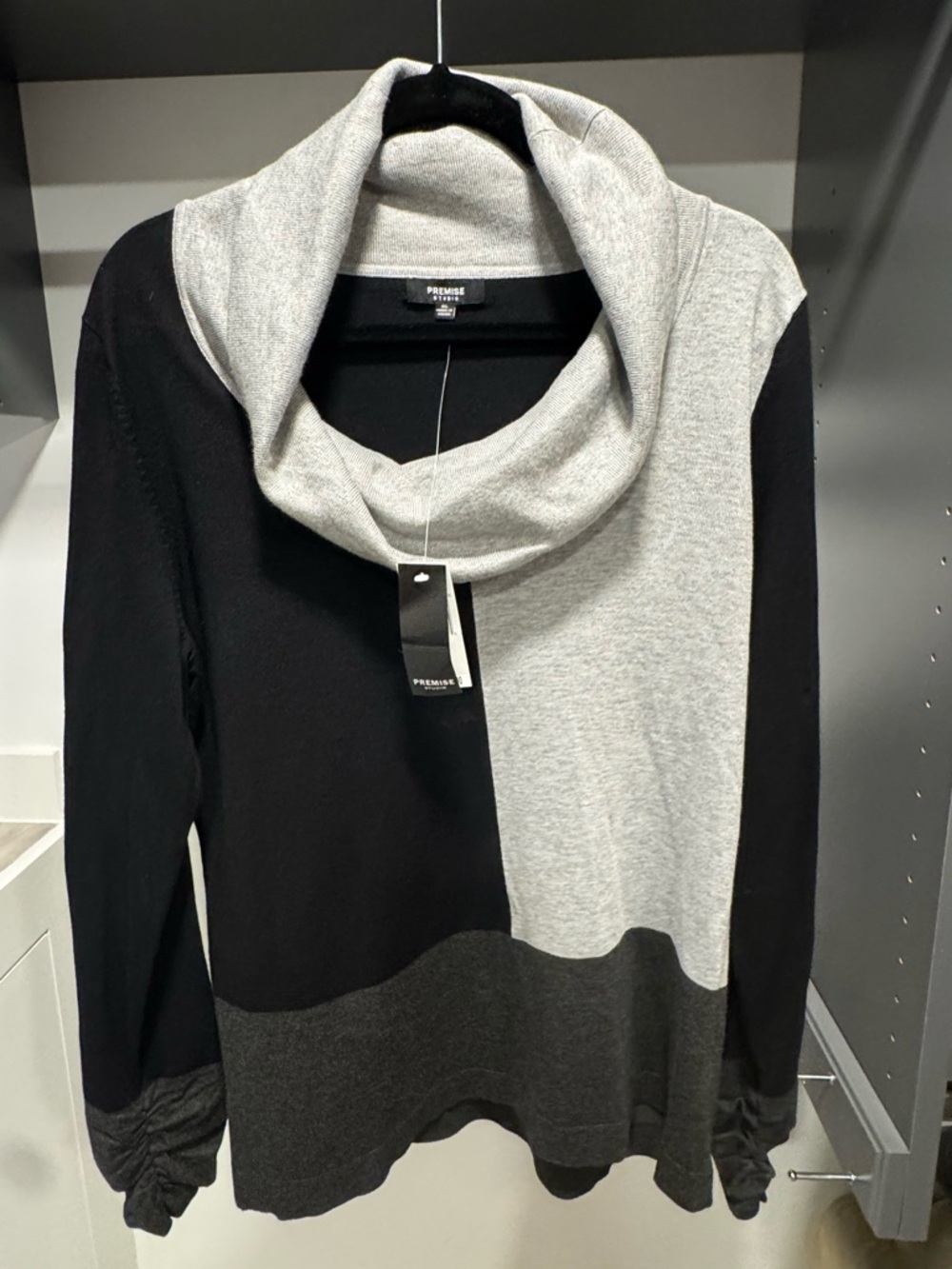 Premise Colorblock Cowl Neck Sweater in Black, Light Gray, Dark Gray